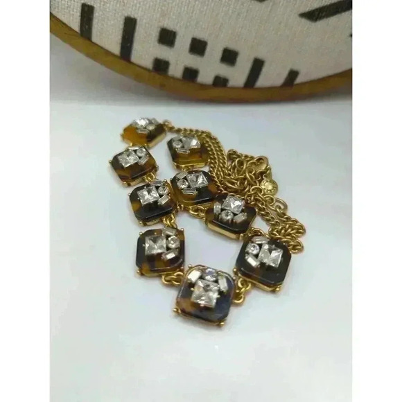 J Crew Gold Tortoise Shell Crystal Statement Necklace Womens Square Settings - Picture 5 of 9